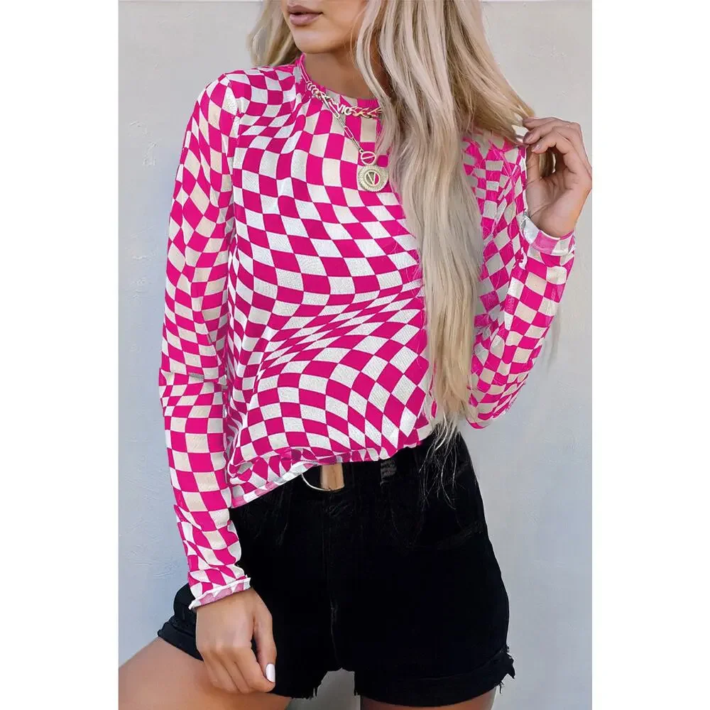 Red White Checkered Pattern Mesh Mock Neck Long Sleeve Top New S M - Picture 7 of 7